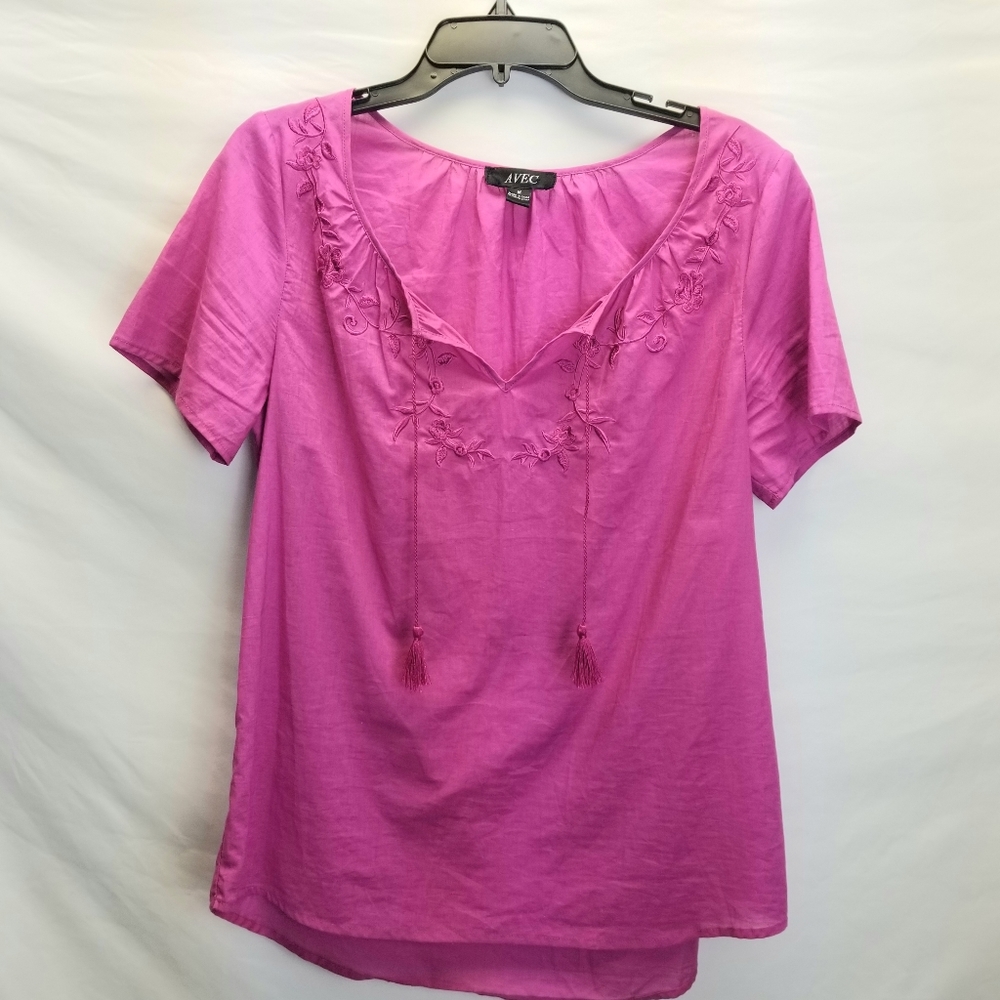 🌻Avec Pink top tassel embroidered boho top M